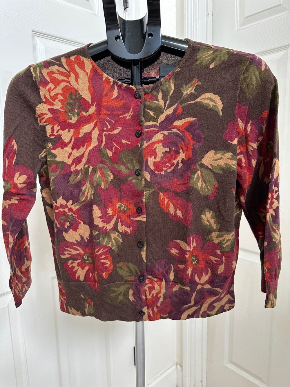 Chaps Women’s Romantic Brown Floral Button-Up Cardigan 3/4 Sleeves Size L